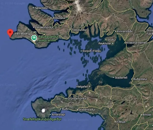 Map showing Rauðisandur and Látrabjarg in the Westfjords of north-west Iceland